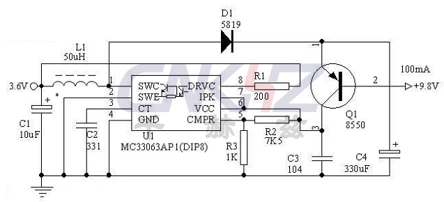 使用MC34063制作3.6V轉(zhuǎn)9V電路 使用MC34063制作3.6V轉(zhuǎn)9V電路